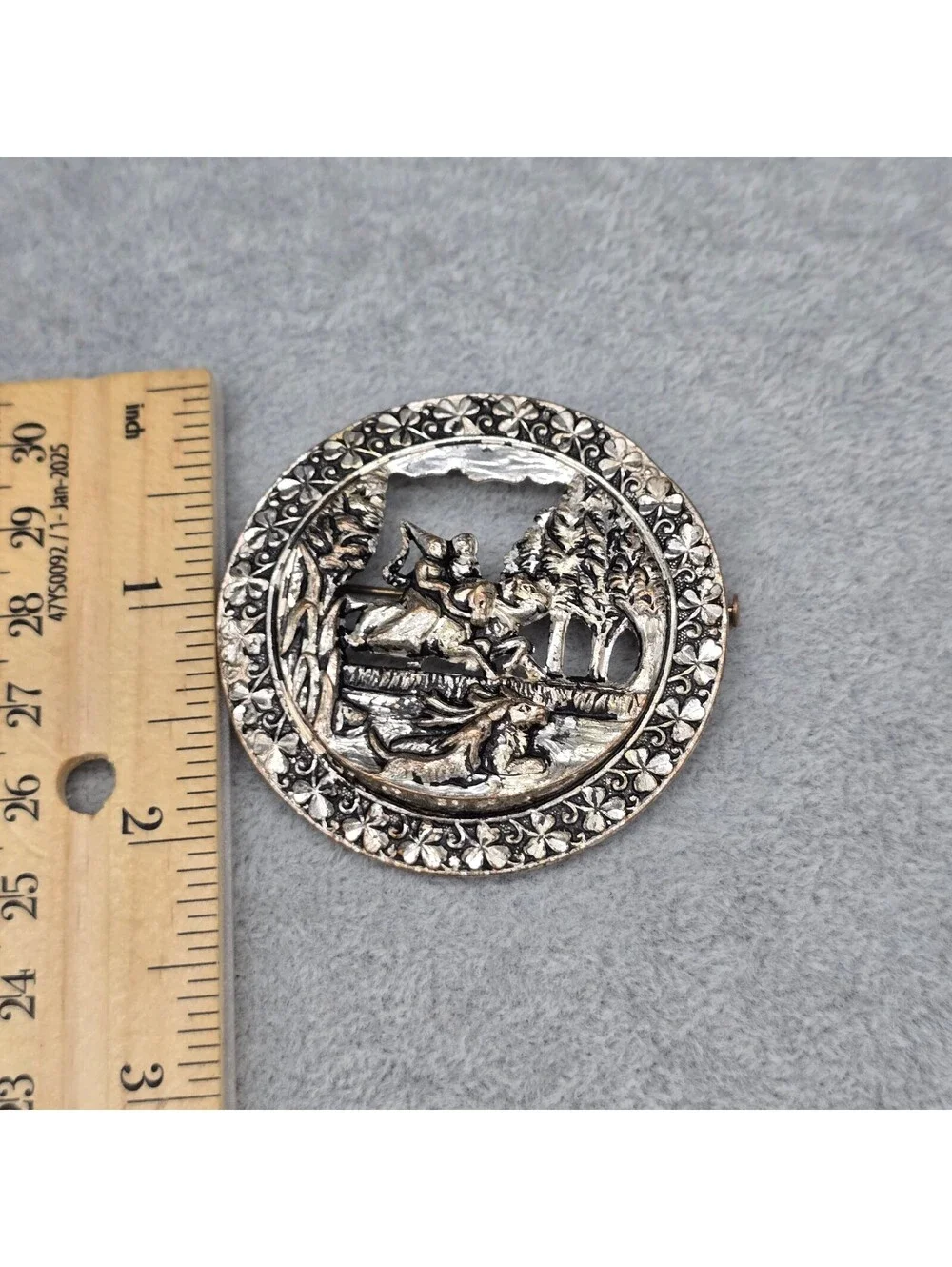 Vintage Art Nouveau Hunting Scene Brooch Openwork Princess Knight Storybook Pin